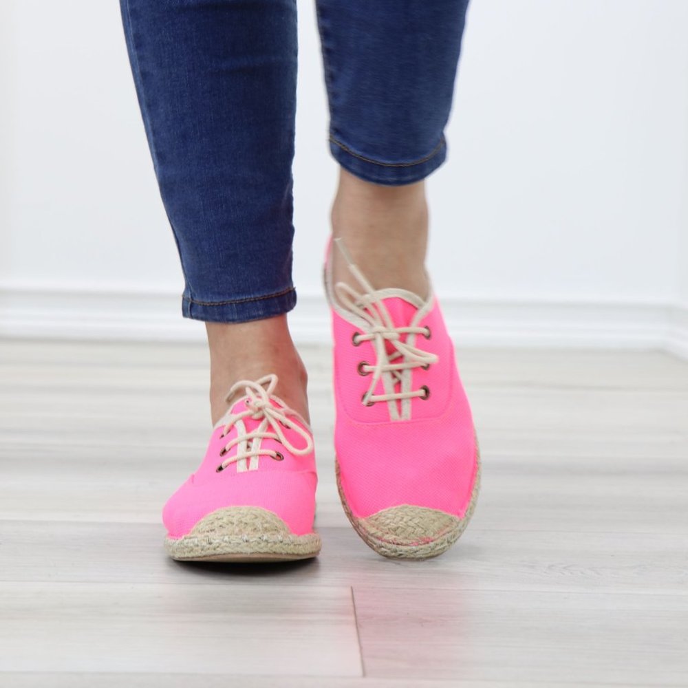 Neon Pink Light Weight Fabric Espadrille Flat Sneakers - Picture 9 of 12